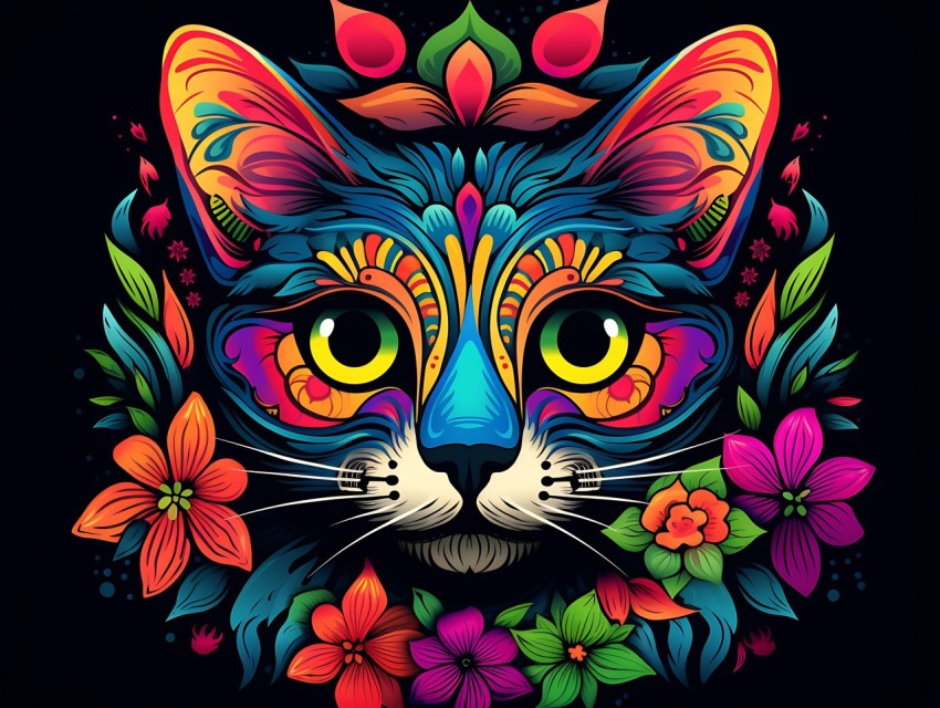 Colorful Cat Face Head Vivid Colors Pop Art Vector Illustrations Black Background (65)
