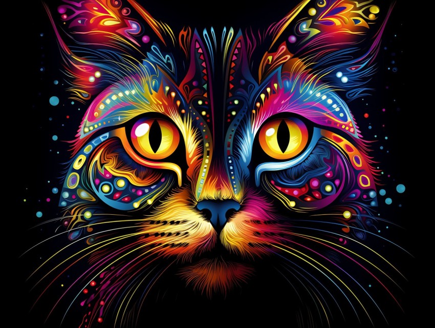 Colorful Cat Face Head Vivid Colors Pop Art Vector Illustrations Black Background (76)