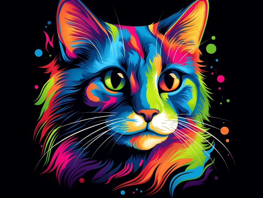 Colorful Cat Face Head Vivid Colors Pop Art Vector Illustrations Black Background (69)