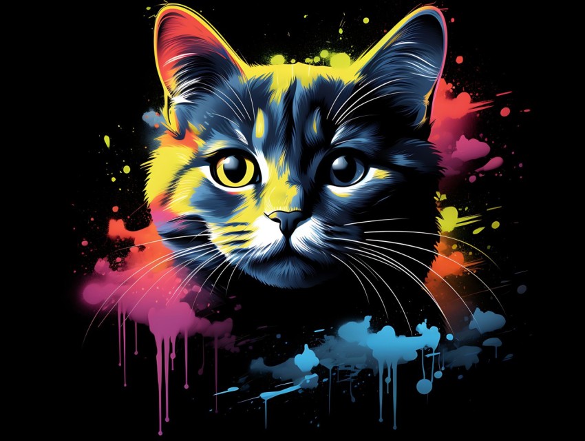 Colorful Cat Face Head Vivid Colors Pop Art Vector Illustrations Black Background (74)