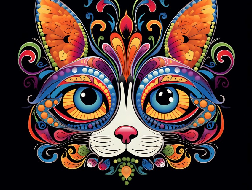 Colorful Cat Face Head Vivid Colors Pop Art Vector Illustrations Black Background (100)
