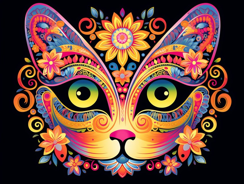 Colorful Cat Face Head Vivid Colors Pop Art Vector Illustrations Black Background (99)