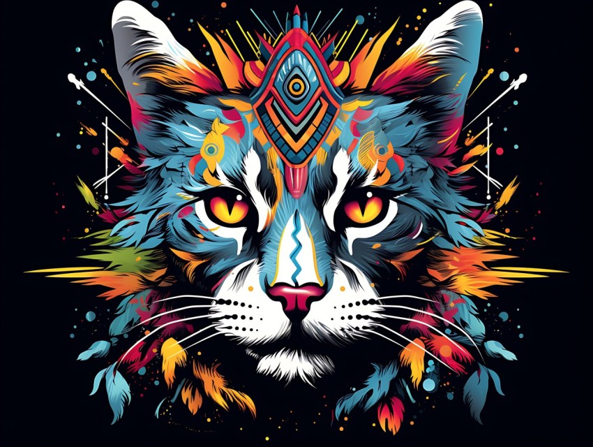 Colorful Cat Face Head Vivid Colors Pop Art Vector Illustrations Black Background (95)