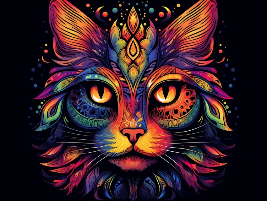 Colorful Cat Face Head Vivid Colors Pop Art Vector Illustrations Black Background (91)