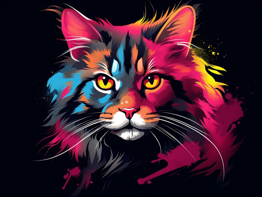Colorful Cat Face Head Vivid Colors Pop Art Vector Illustrations Black Background (146)