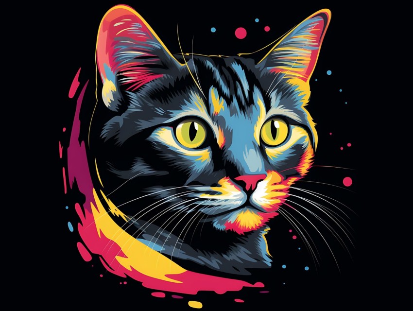 Colorful Cat Face Head Vivid Colors Pop Art Vector Illustrations Black Background (115)