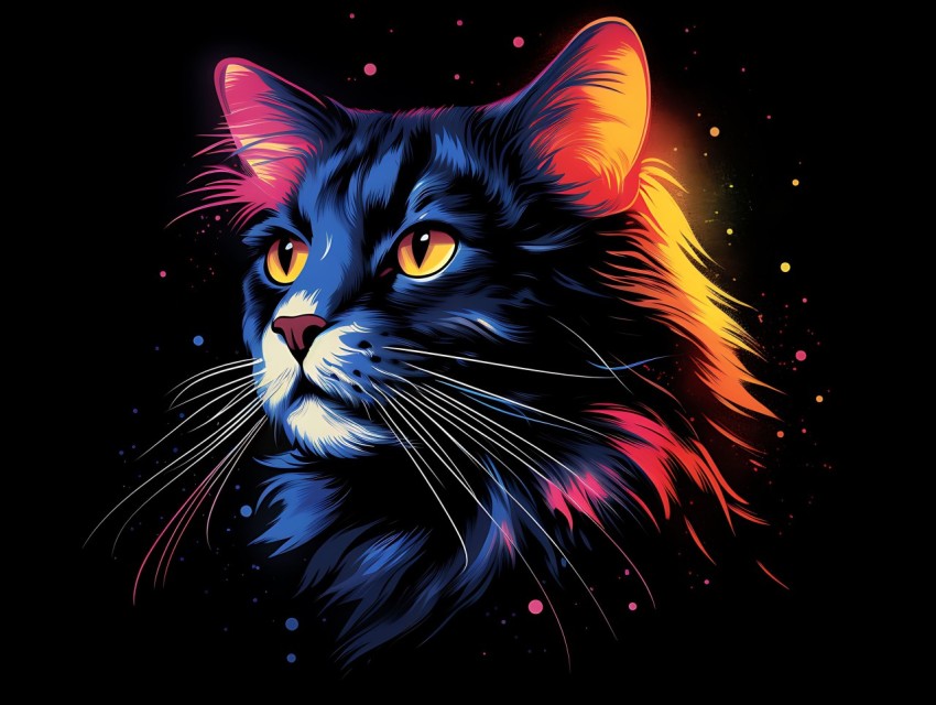 Colorful Cat Face Head Vivid Colors Pop Art Vector Illustrations Black Background (105)