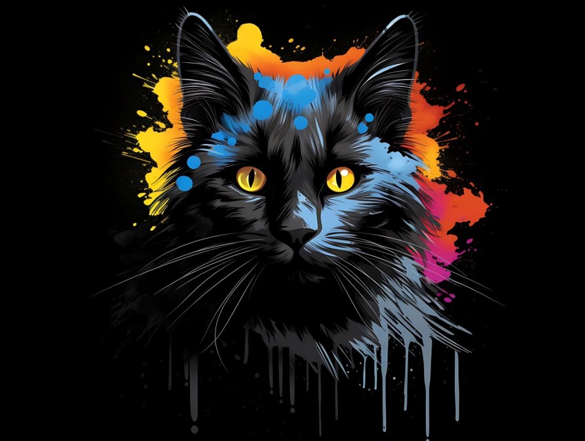 Colorful Cat Face Head Vivid Colors Pop Art Vector Illustrations Black Background (113)