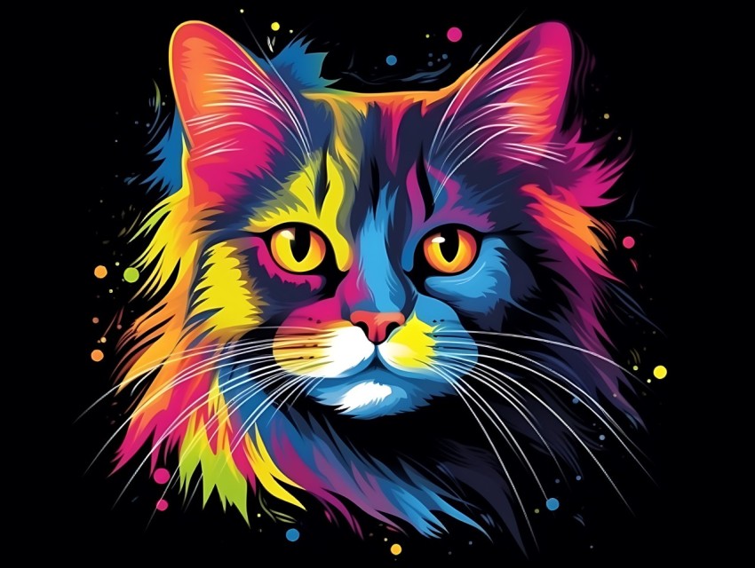 Colorful Cat Face Head Vivid Colors Pop Art Vector Illustrations Black Background (128)