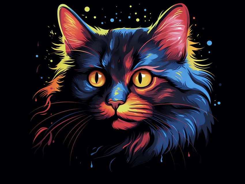 Colorful Cat Face Head Vivid Colors Pop Art Vector Illustrations Black Background (116)