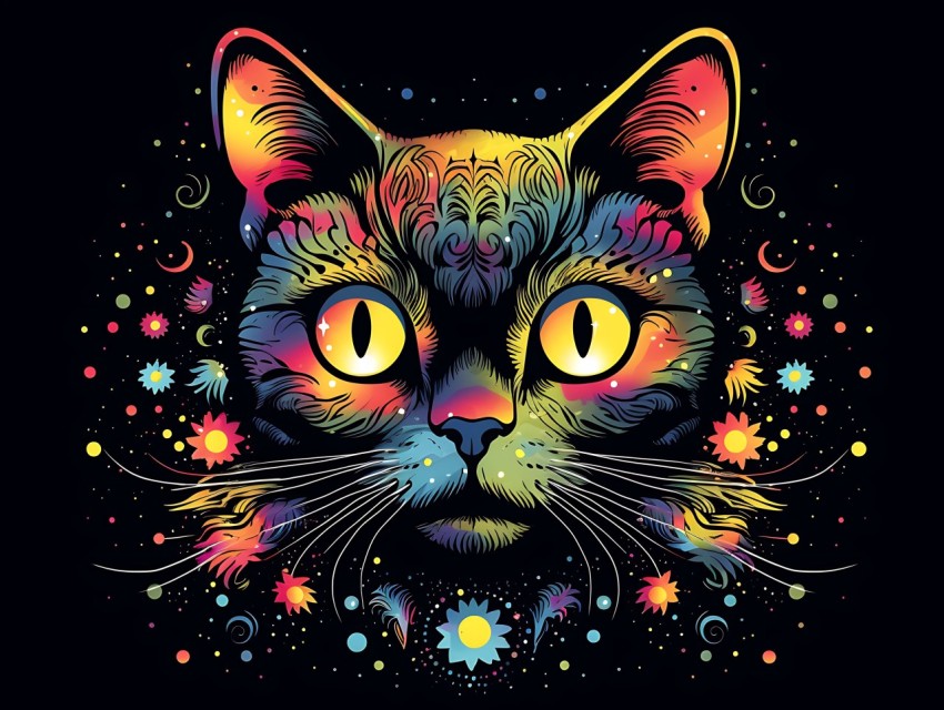 Colorful Cat Face Head Vivid Colors Pop Art Vector Illustrations Black Background (130)