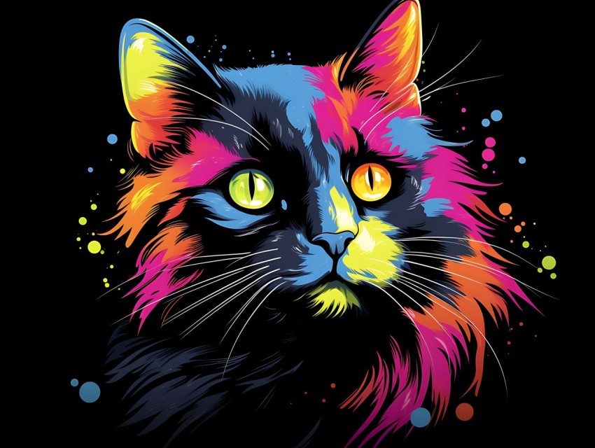 Colorful Cat Face Head Vivid Colors Pop Art Vector Illustrations Black Background (114)