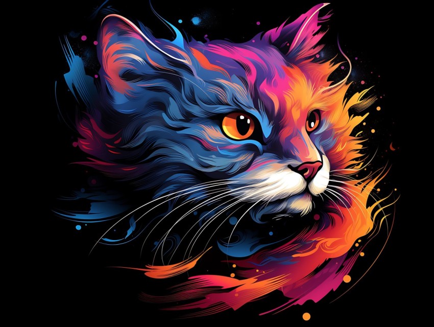 Colorful Cat Face Head Vivid Colors Pop Art Vector Illustrations Black Background (141)