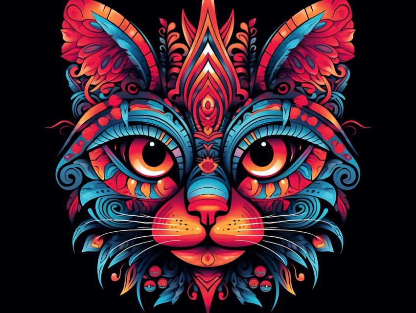Colorful Cat Face Head Vivid Colors Pop Art Vector Illustrations Black Background (112)