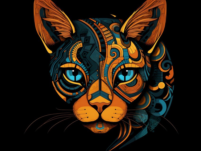 Colorful Cat Face Head Vivid Colors Pop Art Vector Illustrations Black Background (149)