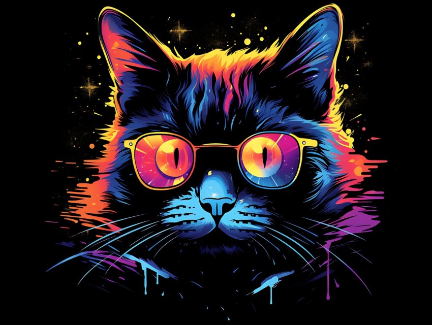 Colorful Cat Face Head Vivid Colors Pop Art Vector Illustrations Black Background (124)