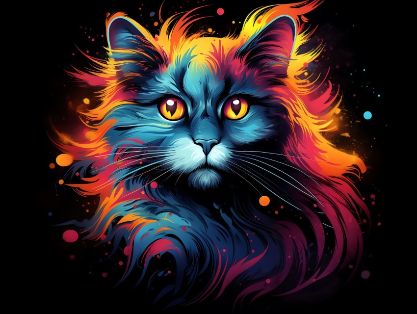 Colorful Cat Face Head Vivid Colors Pop Art Vector Illustrations Black Background (110)
