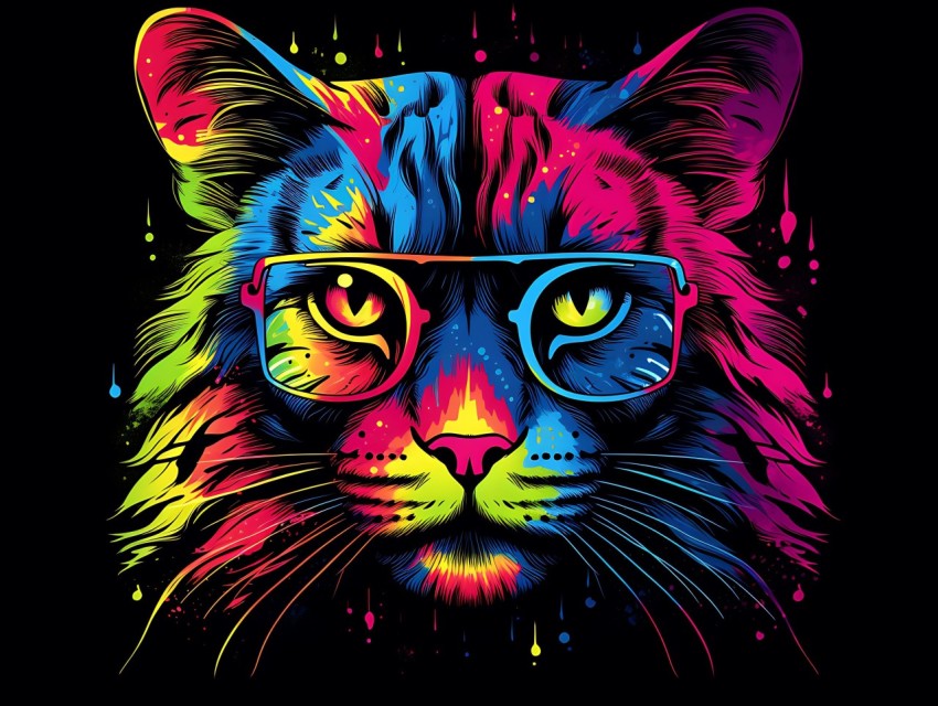 Colorful Cat Face Head Vivid Colors Pop Art Vector Illustrations Black Background (136)