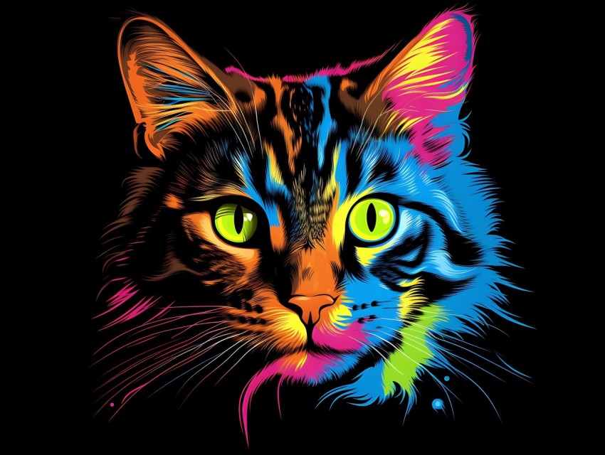 Colorful Cat Face Head Vivid Colors Pop Art Vector Illustrations Black Background (140)