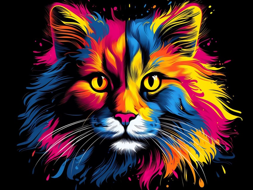 Colorful Cat Face Head Vivid Colors Pop Art Vector Illustrations Black Background (132)