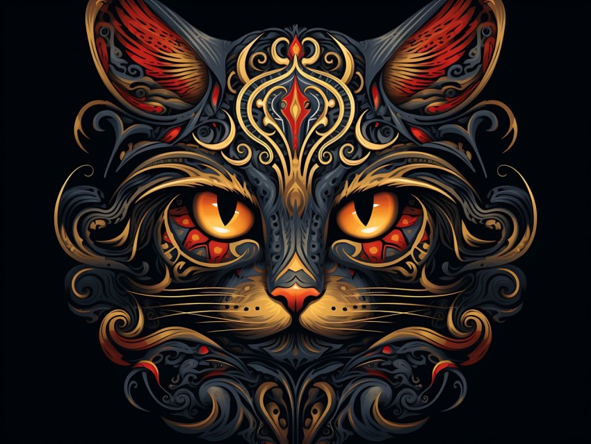 Colorful Cat Face Head Vivid Colors Pop Art Vector Illustrations Black Background (142)