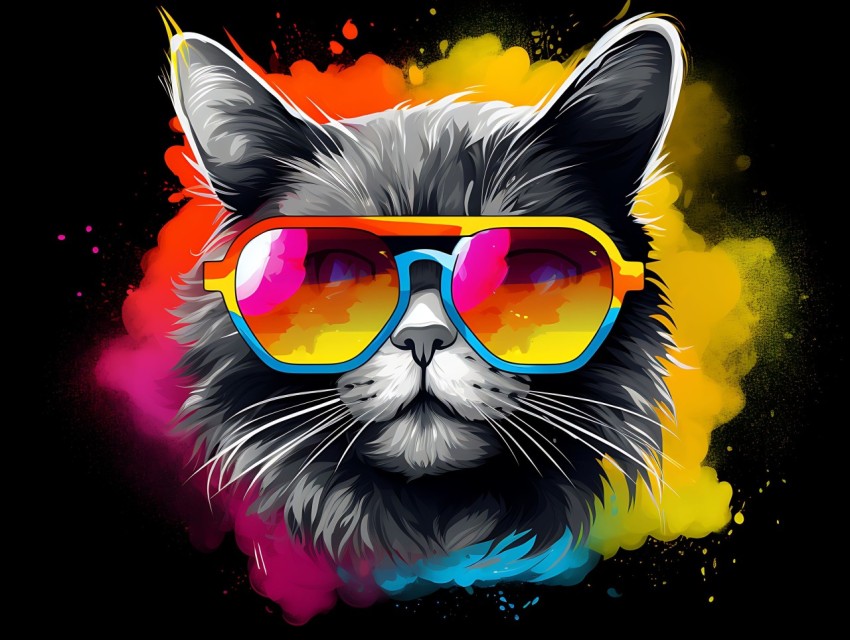 Colorful Cat Face Head Vivid Colors Pop Art Vector Illustrations Black Background (134)