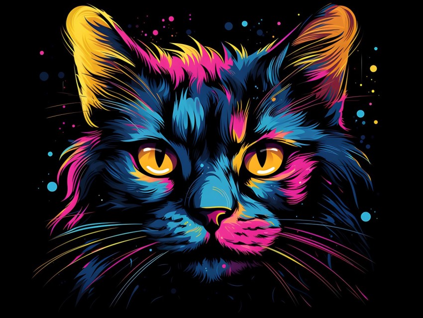 Colorful Cat Face Head Vivid Colors Pop Art Vector Illustrations Black Background (144)