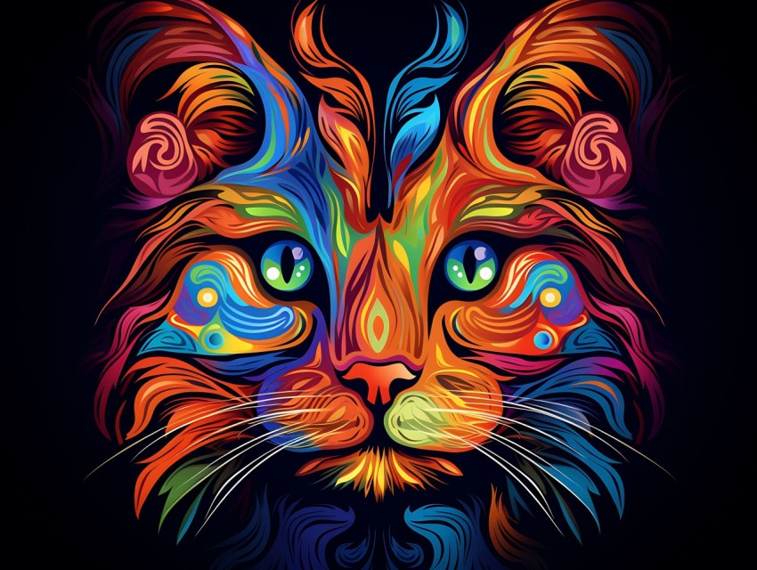 Colorful Cat Face Head Vivid Colors Pop Art Vector Illustrations Black Background (138)