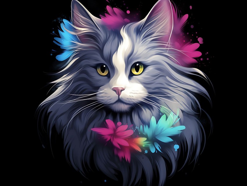 Colorful Cat Face Head Vivid Colors Pop Art Vector Illustrations Black Background (195)