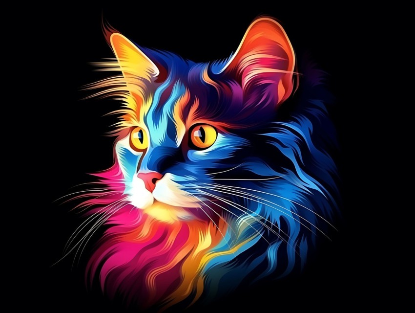 Colorful Cat Face Head Vivid Colors Pop Art Vector Illustrations Black Background (177)