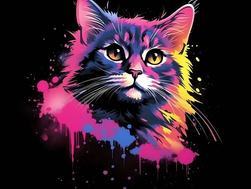 Colorful Cat Face Head Vivid Colors Pop Art Vector Illustrations Black Background (185)