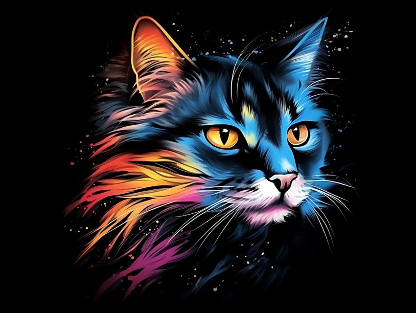 Colorful Cat Face Head Vivid Colors Pop Art Vector Illustrations Black Background (199)