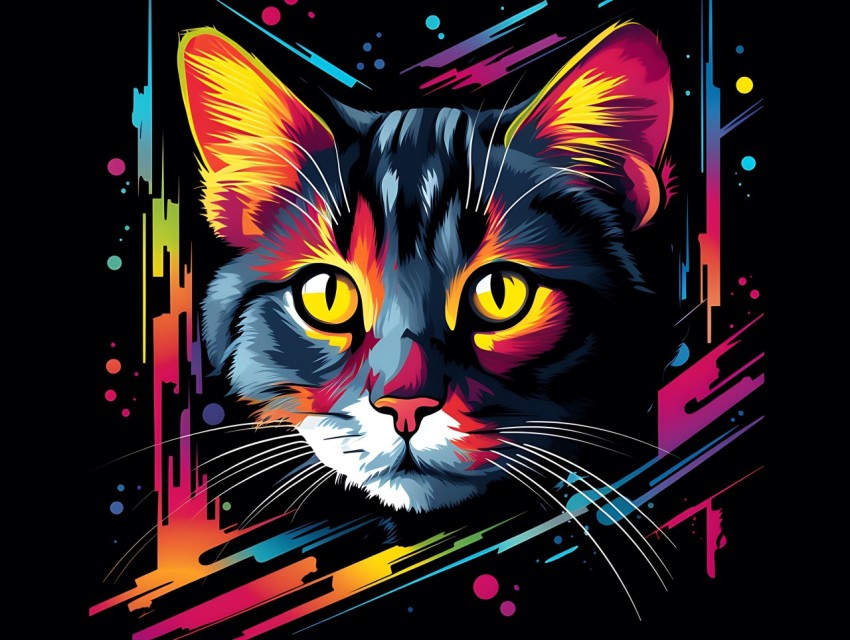 Colorful Cat Face Head Vivid Colors Pop Art Vector Illustrations Black Background (162)
