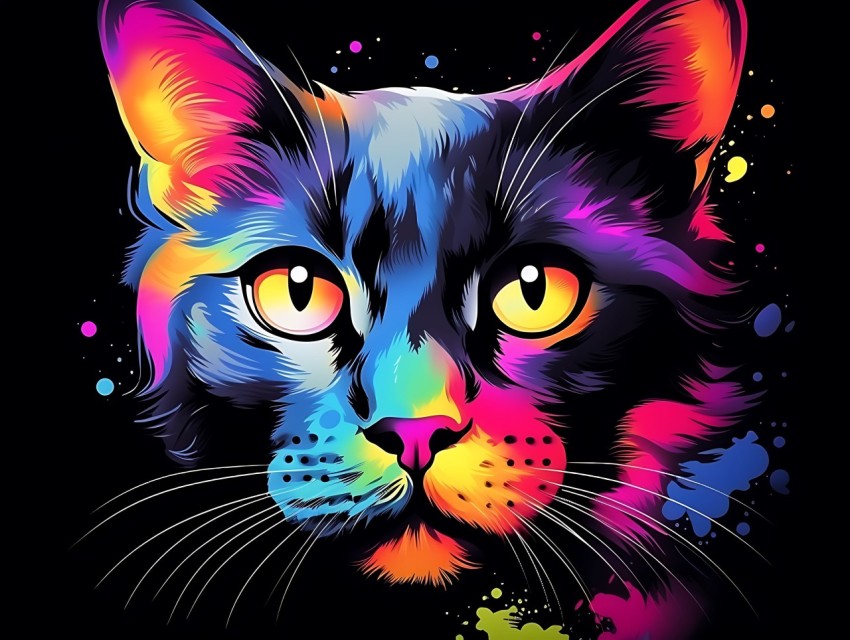 Colorful Cat Face Head Vivid Colors Pop Art Vector Illustrations Black Background (180)