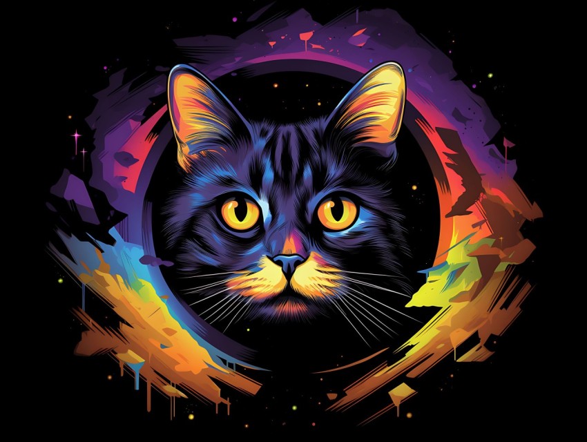 Colorful Cat Face Head Vivid Colors Pop Art Vector Illustrations Black Background (155)