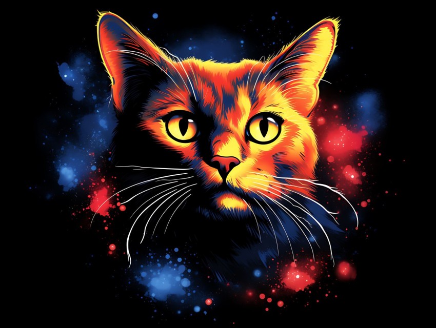 Colorful Cat Face Head Vivid Colors Pop Art Vector Illustrations Black Background (186)