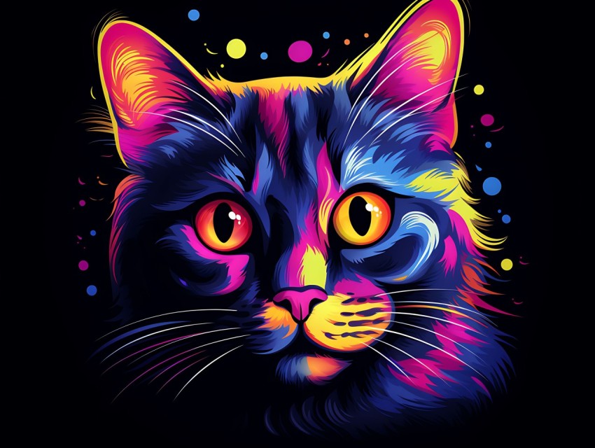 Colorful Cat Face Head Vivid Colors Pop Art Vector Illustrations Black Background (153)