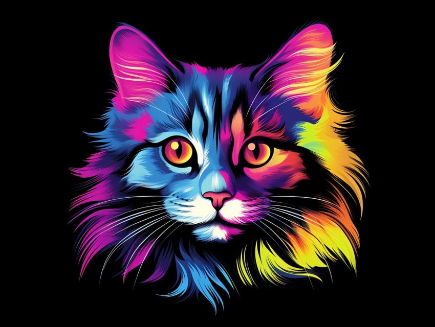 Colorful Cat Face Head Vivid Colors Pop Art Vector Illustrations Black Background (176)