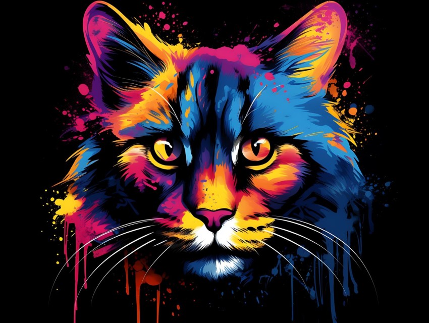 Colorful Cat Face Head Vivid Colors Pop Art Vector Illustrations Black Background (173)