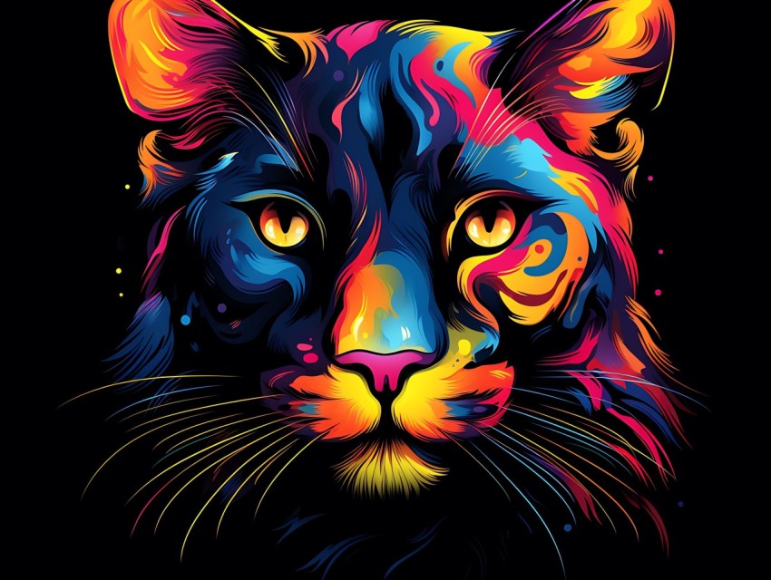 Colorful Cat Face Head Vivid Colors Pop Art Vector Illustrations Black Background (151)
