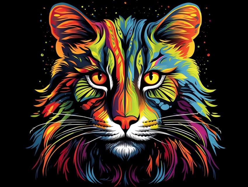 Colorful Cat Face Head Vivid Colors Pop Art Vector Illustrations Black Background (168)