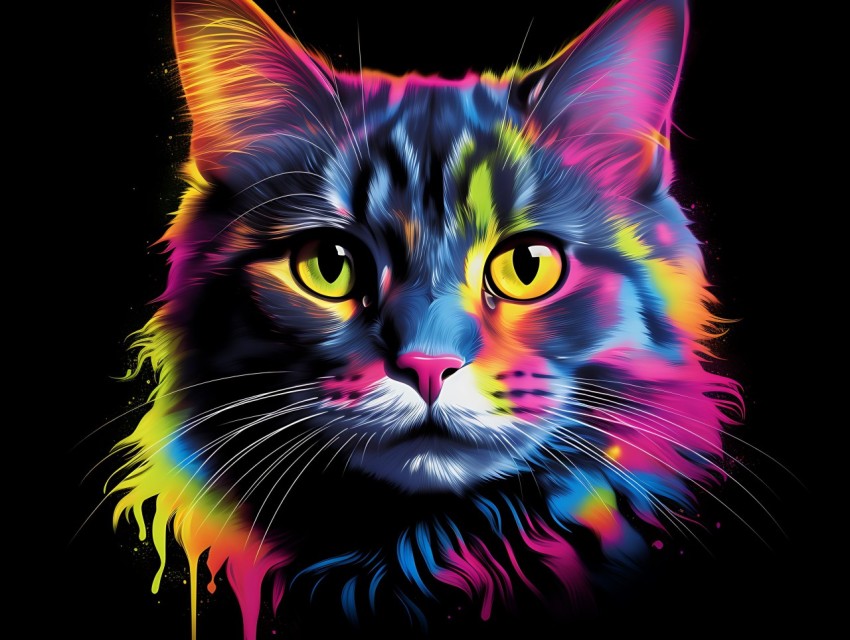 Colorful Cat Face Head Vivid Colors Pop Art Vector Illustrations Black Background (192)