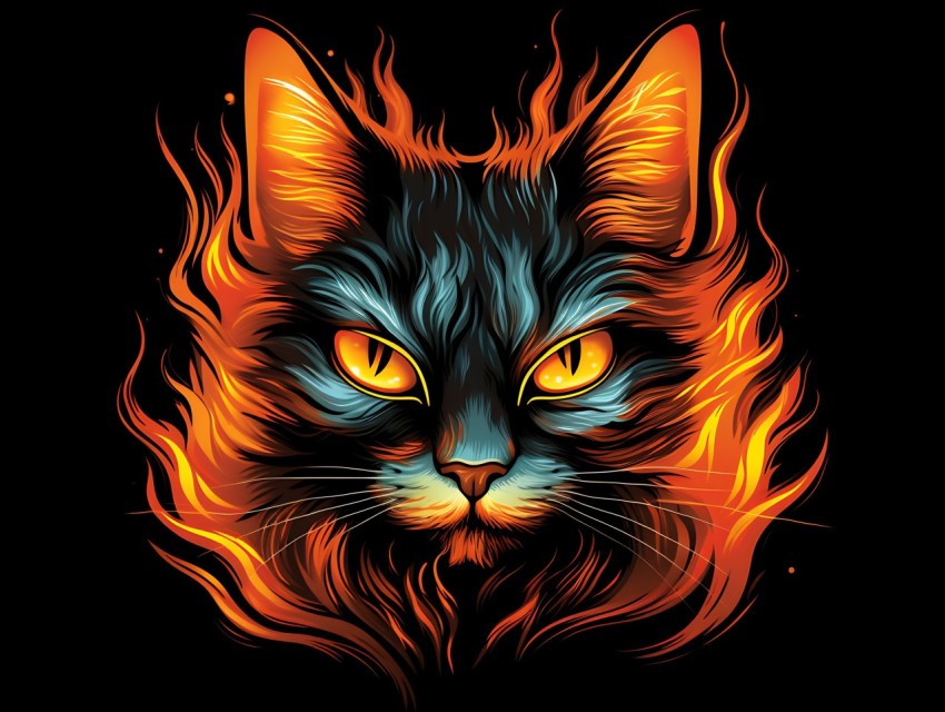 Colorful Cat Face Head Vivid Colors Pop Art Vector Illustrations Black Background (179)