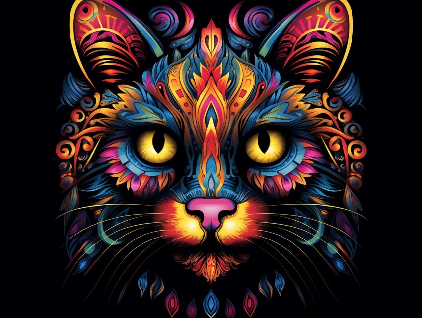 Colorful Cat Face Head Vivid Colors Pop Art Vector Illustrations Black Background (163)
