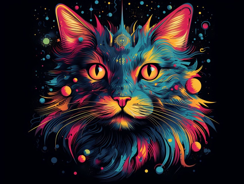 Colorful Cat Face Head Vivid Colors Pop Art Vector Illustrations Black Background (200)