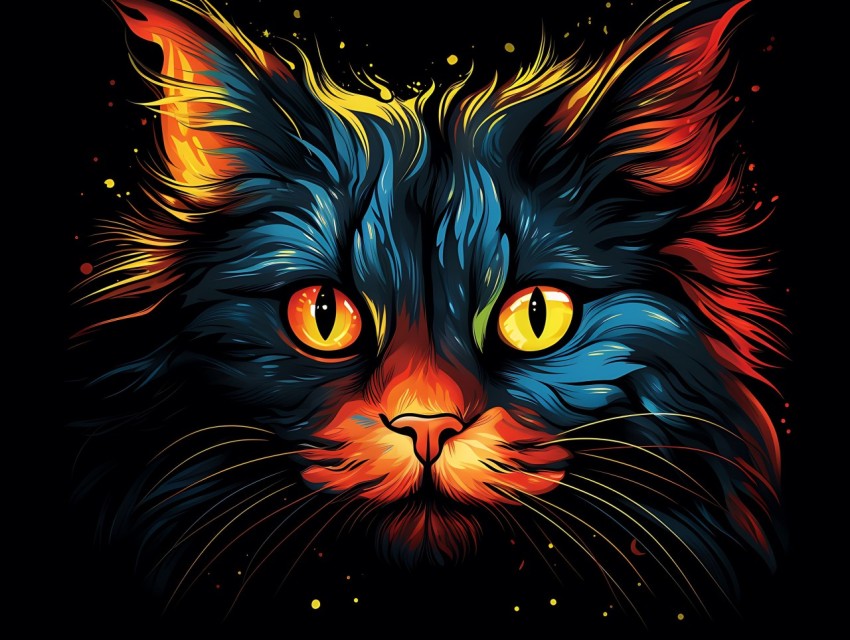 Colorful Cat Face Head Vivid Colors Pop Art Vector Illustrations Black Background (165)