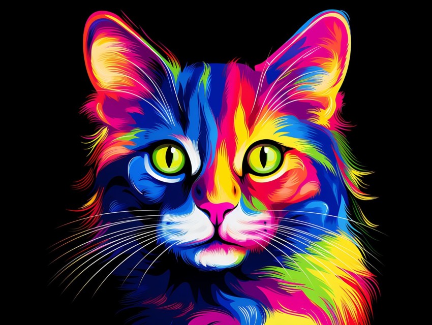 Colorful Cat Face Head Vivid Colors Pop Art Vector Illustrations Black Background (178)