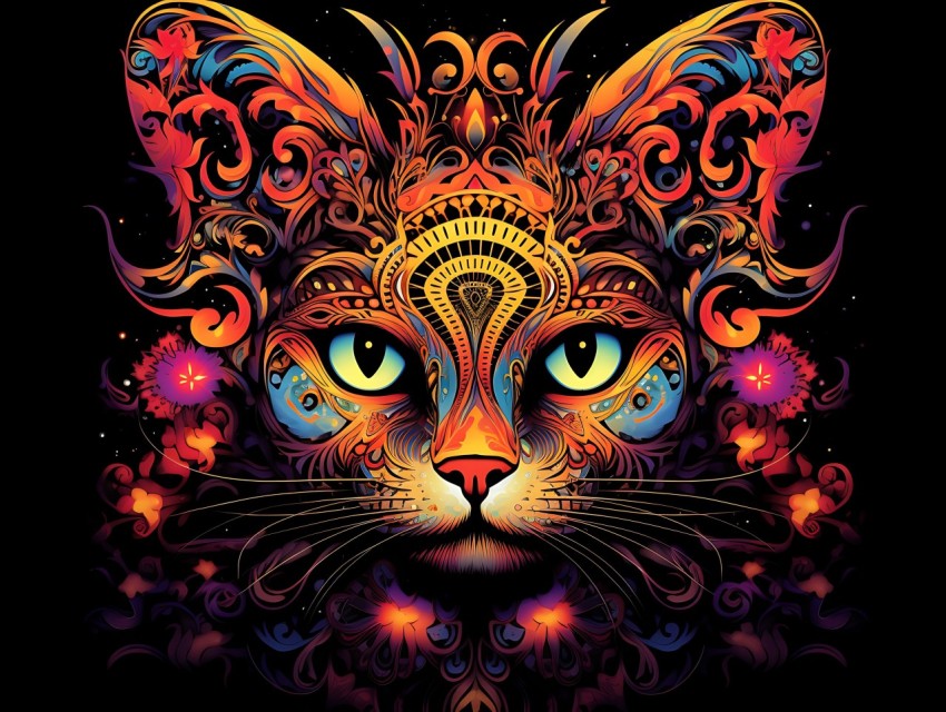 Colorful Cat Face Head Vivid Colors Pop Art Vector Illustrations Black Background (172)