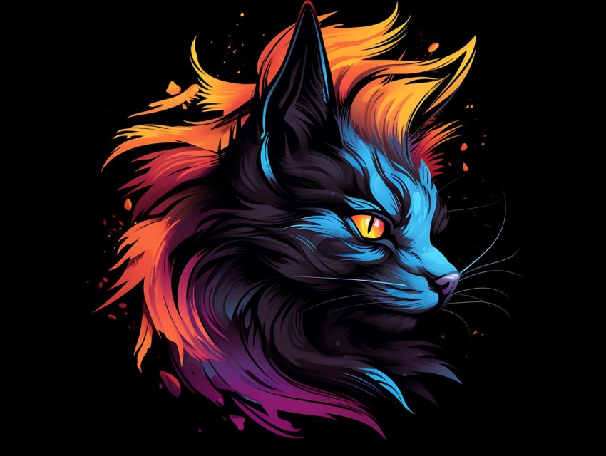 Colorful Cat Face Head Vivid Colors Pop Art Vector Illustrations Black Background (242)