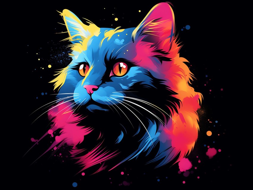 Colorful Cat Face Head Vivid Colors Pop Art Vector Illustrations Black Background (204)